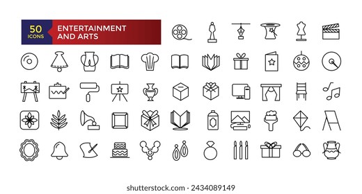 Entertainment and Arts line icons collection. Big UI icon set in a flat design. Thin outline icons pack. Vector illustration.