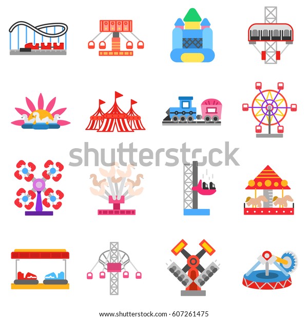 Entertainment attractions icons set.\
Funfair, flat design. Theme park, isolated vector\
illustrations