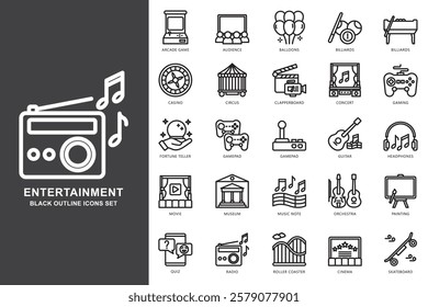 Entertainment black outline icons set. contain billiards, casino, circus, gamepad, music note, radio, orchestra, cinema, guitar and more. use for modern concept, web and app development. Vector EPS 10