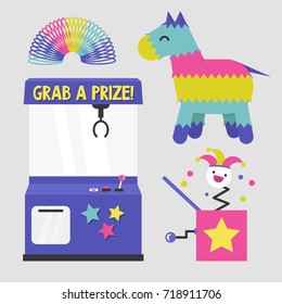 Entertainment bright set: a slot machine, a pinata, a rainbow spring and a jack in the box toy. Flat editable vector illustration, clip art