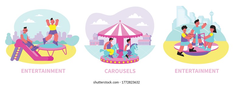 Entertainment center 3 flat compositions with happy children enjoying amusement park rides carousel slides trampoline vector illustration 