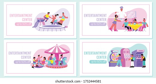Entertainment center 4 flat info banners with trampoline snack bar amusement rides slot machines luck vector illustration 