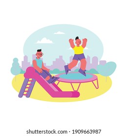Entertainment center flat composition with happy children enjoying amusement park slide and trampoline vector illustration