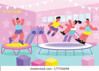 Entertainment center flat interior composition with slide building blocks groep teenagers jumping on trampoline vector illustration  