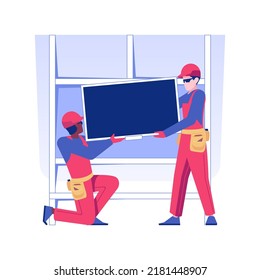 Entertainment Center Installation Isolated Concept Vector Illustration. Group Of Contractors Hanging A Plasma Display Panel, Repair Company Service, Basement Design Vector Concept.