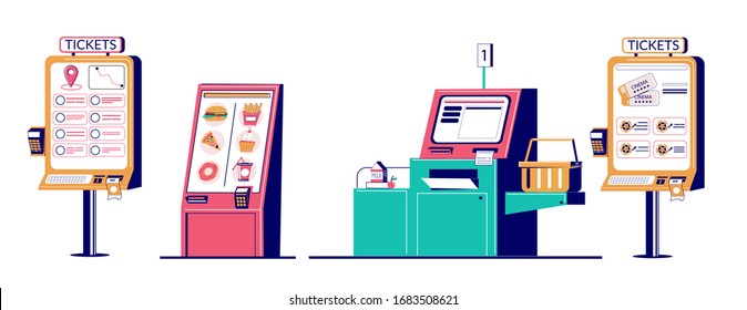 Entertainment Cinema And Travel Ticket Kiosks, Supermarket Self Checkout, Fast Food Restaurant Self Ordering Kiosk, Vector Flat Illustration Isolated On White Background. Self Service Technologies.