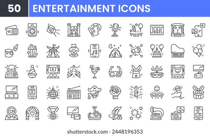 Conjunto de iconos de línea de Vector de cine y entretenimiento. Contienen iconos de contorno lineal como teatro, fiesta, vida nocturna, festival, entrada, cumpleaños, fuegos artificiales, circo, palomitas de maíz, confeti. Uso y trazo editables.