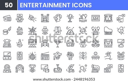 Entertainment and cinema vector line icon set. Contain linear outline icons like theater, party, nightlife, festival, ticket, birthday, firework, circus, popcorn, confetti. Editable use and stroke.