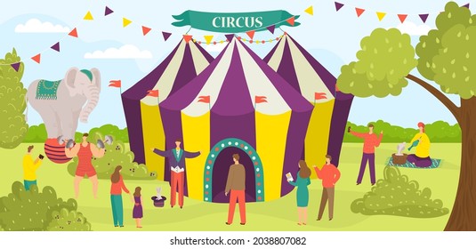 Entertainment circus tent performance, carnival performer group of people character flat vector illustration, street representation.