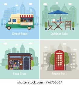 Entertainment city places and infrastructure spots scenes and concepts in flat design. Street food truck, outdoor cafe, bookshop and red phone post on modern city backgrounds. Urban collection.