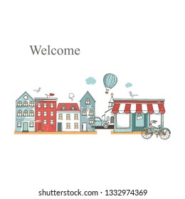 Entertainment city places set with buildings in flat design. Cafe restaurant, music theater, bike, balloon city backgrounds. Urban collection. Hand drawn illustration. Grunge style texture clip art