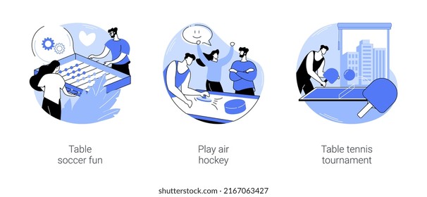 Entertainment with colleagues isolated cartoon vector illustrations set. Table soccer fun in a smart office, play air hockey, table tennis tournament at modern workplace, work break vector cartoon.