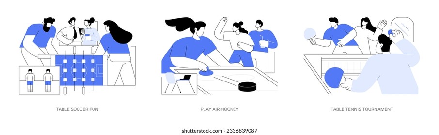 Entertainment with colleagues isolated cartoon vector illustrations set. Table soccer fun in a smart office, play air hockey, table tennis tournament at modern workplace, work break vector cartoon.