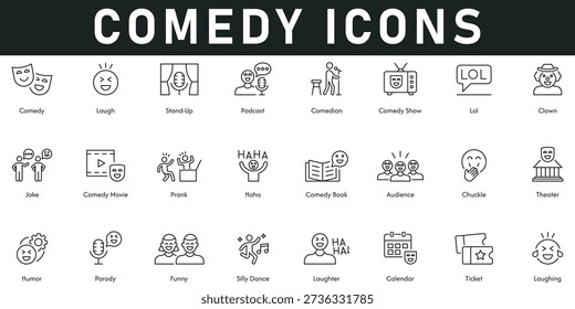 Entertainment and Comedy line icon set covers stand-up funny laugh joke smile clown ticket event cosmic humor and theater shows Simple vectors with editable strokes clean and minimal design