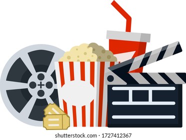 Entertainment concept. Cartoon flat illustration isolated on white. Set of elements for viewing the movie. Reel with film, popcorn, red soda glass, clapper.