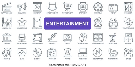 Conjunto de iconos de línea simple de concepto de entretenimiento. Empaquetar los pictogramas de clapperboard, bullhorn, film, film, cámara, ticket, sala de cine y otros. Símbolos vectores para el diseño de sitios web y aplicaciones móviles