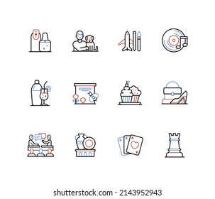 Entertainment and craft hobbies - line design style icons set with editable stroke. Paint nail, play with dog, listen to music, drinks and food, fashion, play cards or chess, collect antique vases