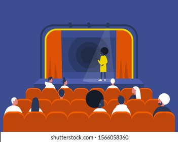 Entertainment and culture, Stand up comedy show, Young black female artist performing on stage and Audience sitting in a vintage theatre with old fashion interior