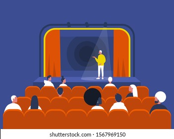 Entertainment and culture, Stand up comedy show, Young male artist performing on stage and Audience sitting in a vintage theatre with old fashion interior