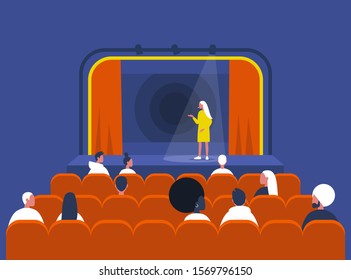 Entertainment And Culture, Stand Up Comedy Show, Young Female Artist Performing On Stage And Audience Sitting In A Vintage Theatre With Old Fashion Interior