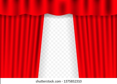 Entertainment curtains background for movies. Beautiful red theatre folded curtain drapes on black stage. Vector stock illustration.