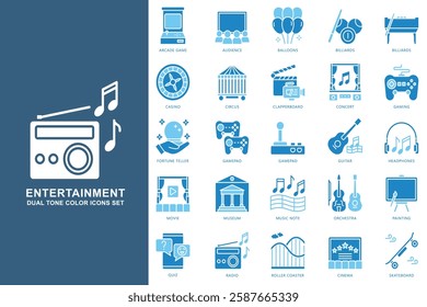 Entertainment dual tone blue color icons set. contain billiards, circus, music note, radio, movie, orchestra, cinema, guitar and more. use for modern concept, web and app development. Vector EPS 10