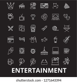 Entertainment editable line icons vector set on black background. Entertainment white outline illustrations, signs, symbols