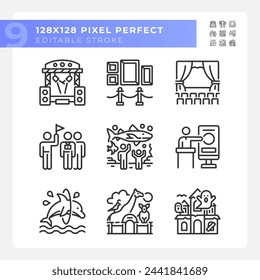 Entertainment events pixel perfect linear icons set. Touristic attractions. Theater performances. Customizable thin line symbols. Isolated vector outline illustrations. Editable stroke