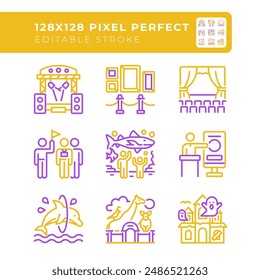 Entertainment events two color line icons set. Touristic attractions. Theater performances. Outdoor activities bicolor outline iconset isolated. Duotone pictograms thin linear. Editable stroke