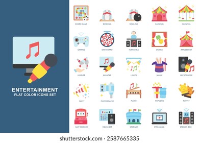 Entertainment flat blue color icons set. contain bowling, carnival, gaming, karaoke, lights, drama, piano, speaker box and more. use for modern concept, web and app development. Vector EPS 10