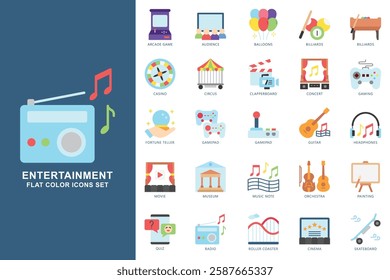 Entertainment flat color icons set. contain billiards, casino, circus,  music note, radio, movie, orchestra, cinema, guitar and more. use for modern concept, web and app development. Vector EPS 10