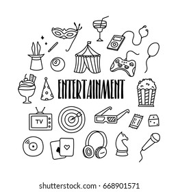 Entertainment and fun related hand drawn doodle icons set.