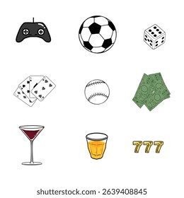 Entertainment and gambling icons: gamepad, ball, dice, cards, money, drinks, and 777.