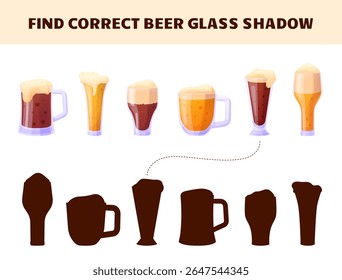 Jogo de entretenimento para adultos, encontrar a sombra de vidro de cerveja correta. Modelo de bar ou pub play com bebidas de desenho animado, Oktoberfest party joke, modelo vetorial