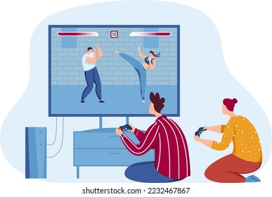 Entertainment game with fight, friends gamer have fun with gamepad, isolated on white, vector illustration. Man woman character hold modern joystick.