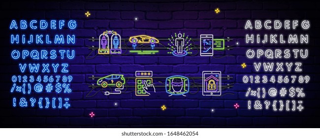 Entertainment and game icons, vector illustration. Neon color silhouettes on a dark background of a brick wall and a neon alphabet.