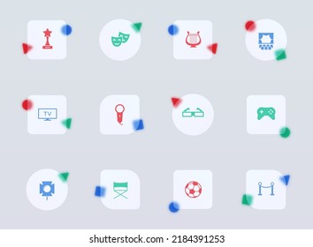 entertainment glass morphism trendy style icons. entertainment transparent glass color vector icon with color figures. for web and ui design, mobile apps and promo business advertising