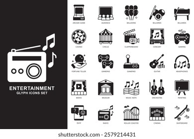 Entertainment glyph icons set. contain billiards, casino, circus, gamepad, music note, radio, movie, orchestra, cinema, guitar and more. use for modern concept, web and app development. Vector EPS 10