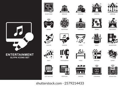 Entertainment glyph icons set. contain bowling, carnival, gaming, karaoke, lights, magic, drama, microphone, piano, speaker box and more. use for modern concept, web and app development. Vector EPS 10