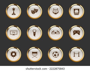entertainment gold-rimmed vector icons on dark background. entertainment icons in gold frame for web, mobile and ui design