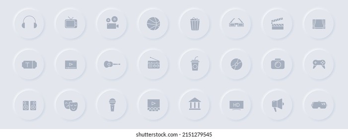 entertainment gray glyph icons on round rubber buttons. entertainment vector icons for web, mobile apps, ui design and promo business polygraphy