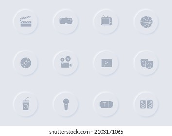 entertainment gray vector icons on round rubber buttons. entertainment icon set for web, mobile apps, ui design and promo business polygraphy