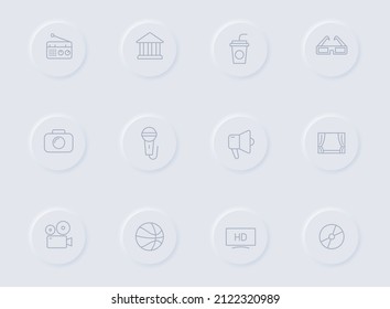 entertainment gray vector icons on round rubber buttons. entertainment icon set for web, mobile apps, ui design and promo business polygraphy