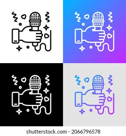 Entertainment: hand with microphone thin line icon. Karaoke, interview, singer symbol. Modern vector illustration.