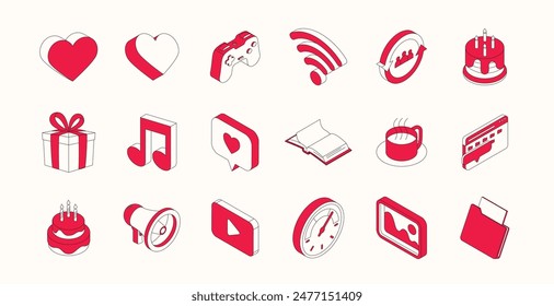 Entertainment and happiness set of isometric icons in editable stroke. 