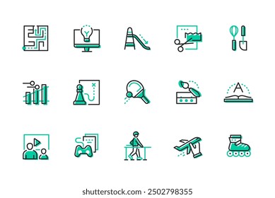 Entertainment and hobbies - set of line design style icons. Activities for kids idea. High quality images of labyrinth, playground, xylophone, watching a movie, playing console, reading and cooking