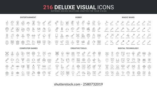 Entertainment and hobby, digital technology of computer game, controller line icon set. Different types of magic wand and creative tools of author thin black outline symbols vector illustration