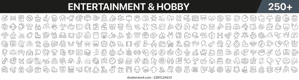 Entertainment and hobby linear icons collection. Big set of more 250 thin line icons in black. Entertainment and hobby black icons. Vector illustration