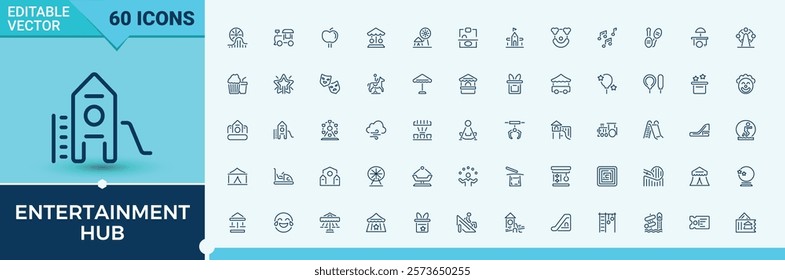 Entertainment Hub line icons set. Includes thin line funfair, magic, round, circus, amusement, cars, cracker and more. Minimal icons. Editable vector icon and illustration.