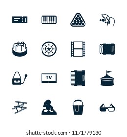 Entertainment icon. collection of 16 entertainment filled icons such as ticket, circus, dj, movie tape, microphone. editable entertainment icons for web and mobile.